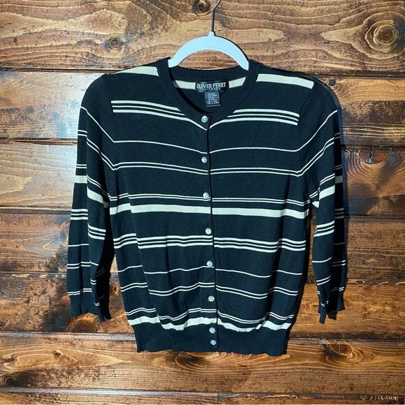 Oliver Perry Knitwear Silk/Cotton Blend Striped Lightweight Cardigan Women's M - Picture 6 of 13